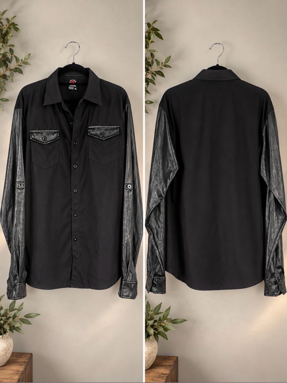 Vtg Enyce Faux Leather atrim Button Down Shirt sz XL
